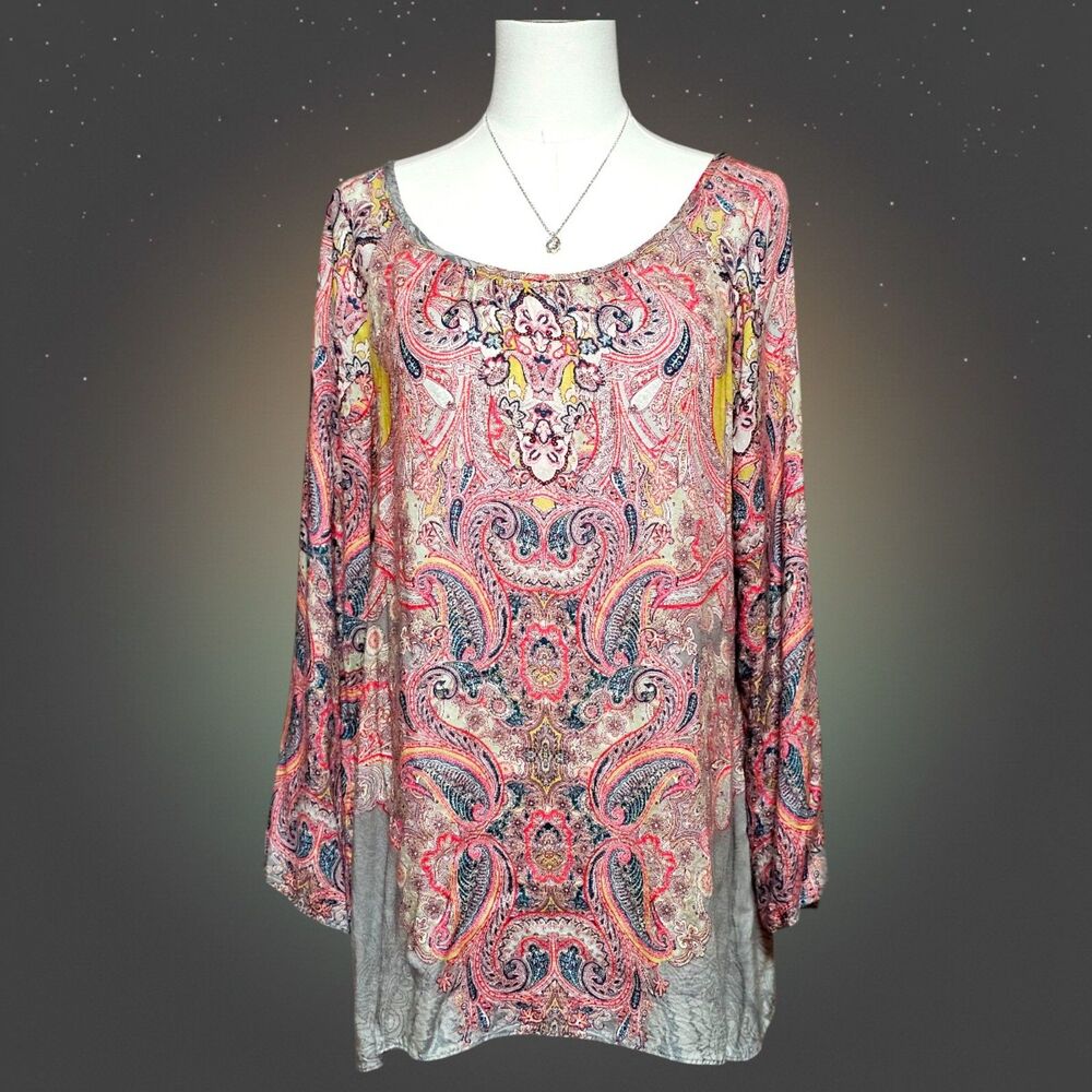 Ivy Jane Womens Pink Grey Paisley Print Long Bell Sleeve Tunic Top Size Large